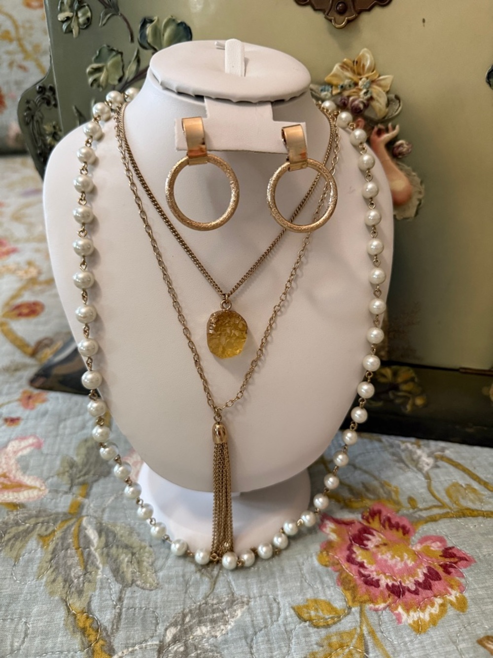 Gold Pearl Layered Necklace Set with Hoop Earrings